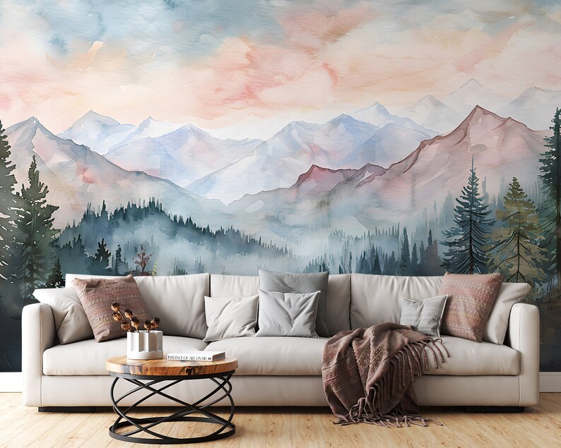Watercolor Wild Nature Landscape Mural, Mountains and Forest Wallpaper