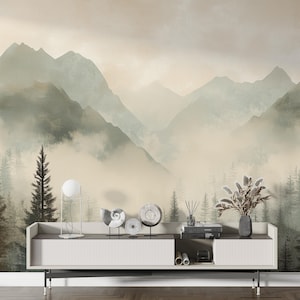 Aquarell Beige Nebel Berge Wandbild, Schälen und Aufkleben Retro Style Landschaftsbild, Minimalistischer Nebliger Wald und Berge Wallpaper
