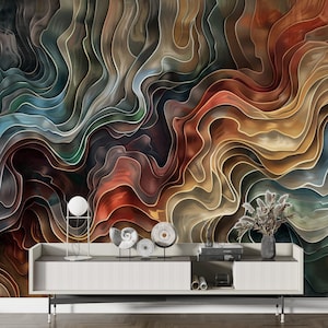 Murale ondulato colorato, arte lineare astratta, carta da parati geometrica da parete decorativa staccabile e attaccabile, decorazione murale rimovibile con inchiostro alcolico