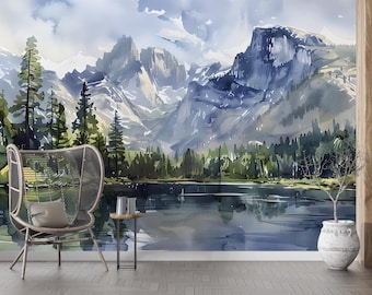 Watercolor Mountain Lake Wallpaper Mural: Peel and Stick Forest Wall Art