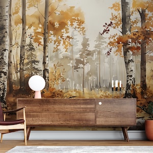 Carta da parati murale con bosco di betulle, carta da parati con foresta autunnale, arte della foresta arancione con buccia e bastone, decorazione murale rimovibile con natura colorata
