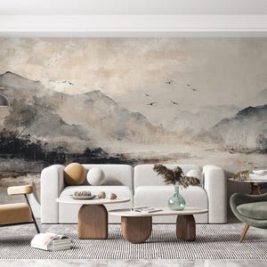 Japandi Zen-Minimalist-Tapeten-Berg-Kunst in Erdtönen
