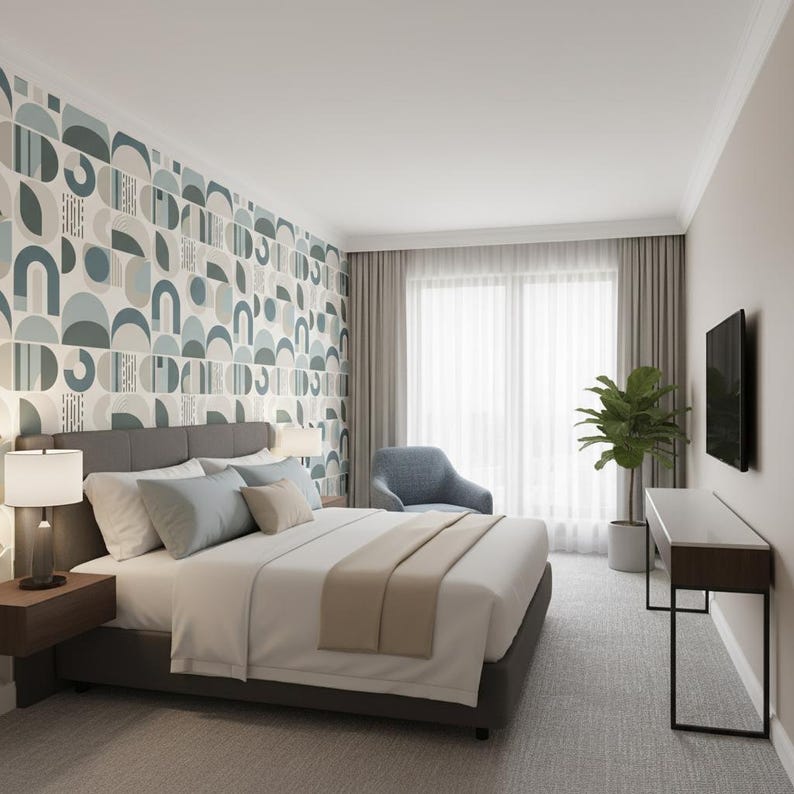 Scandinavian Geometric Wallpaper: Soft Blue and Taupe Arches image 8