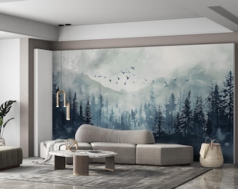 Dark Forest Wall Mural: Peel and Stick Pine Tree Mountain Scene
