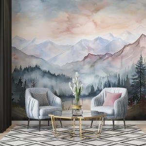 Aquarel berglandschapsmuurschildering: Peel-and-Stick-behang