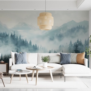 Aquarell Blauer Wald und Berge Wandbild, Schälen und aufkleben Kiefernwald Tapete, Blau Kinderzimmer Abnehmbarer Natur Wanddekor