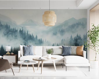 Watercolor Blue Forest and Mountains Mural, Peel and Stick Pine Forest Wallpaper, Soft Blue Nursery Removable Nature Wall Decor