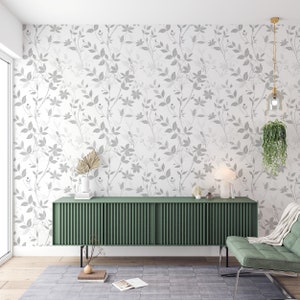 Graue und weiße Blumentapete, abnehmbare helle botanische Blätter, Aufkleber mit zarten Blumen zum Abziehen und Aufkleben, Blumenmuster in sanften Grautönen