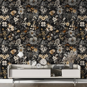 Carta da parati floreale grigia e beige, decalcomania da muro botanica scura rimovibile, carta da parati vintage con fiori scuri staccabili e incollabili, fiore di prato senza PVC