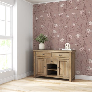 Minimalistic Dusty Rose Floral Wallpaper, Self-adhesive Meadow Flowers Wallpaper, Removable Pastel Pink and White Botanical Wall Decor