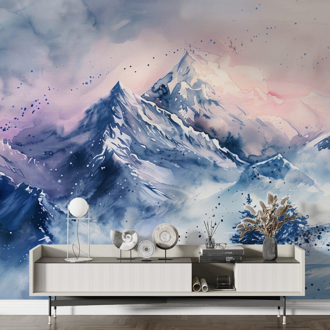 Snowy Mountain Wall Mural: Watercolor Winter Landscape Peel and Stick ...