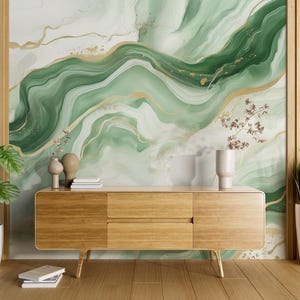 Décoration murale vagues vertes et dorées : papier peint abstrait autocollant