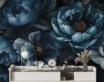 Dark Blue Peonies Mural: Peel and Stick Floral Wallpaper