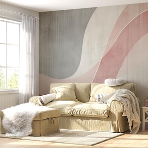 Papier peint mural ondulé aux couleurs pastel, papier peint bohème abstrait autocollant, sticker mural rose et gris géométrique doux