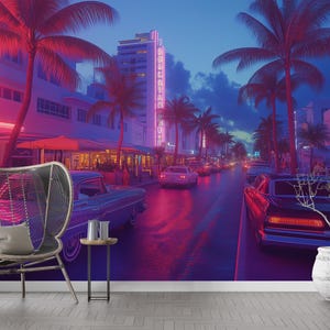 South Beach Florida Mural, Peel and Stick Neon Style Miami Street Wallpaper, Auto retrò a Miami Wall Art