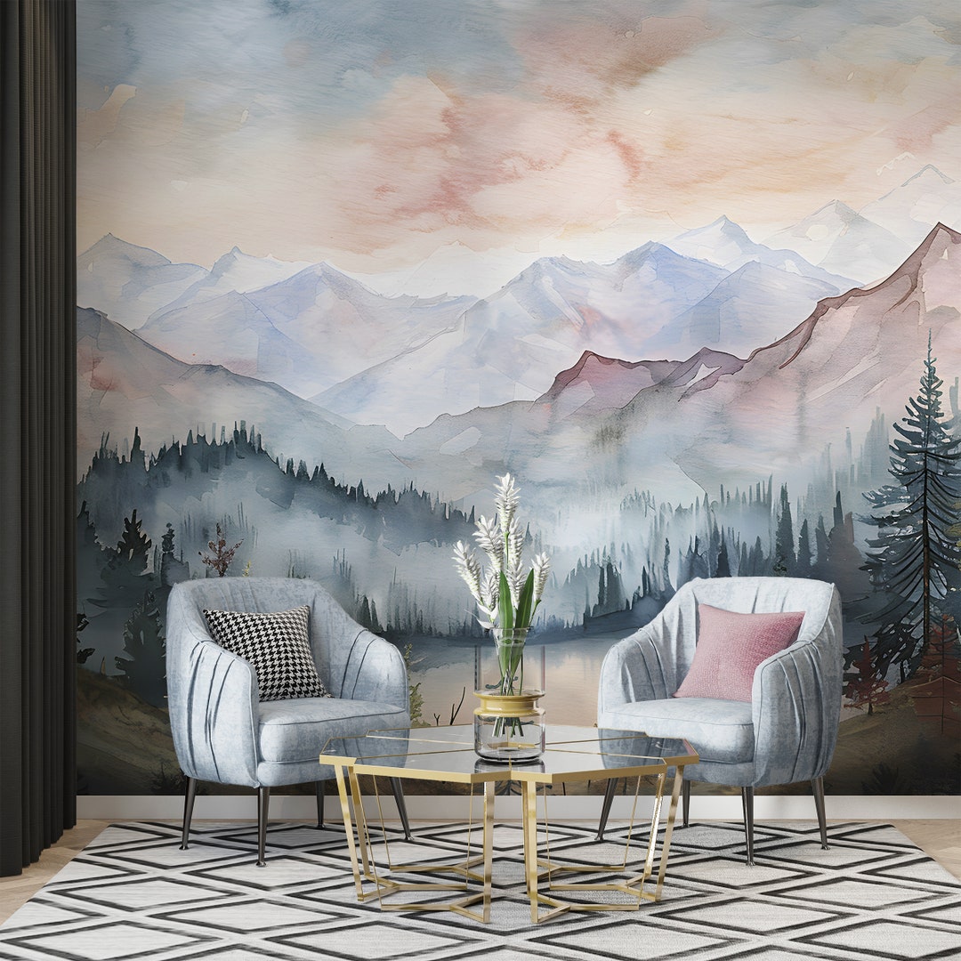Watercolor Wild Nature Landscape Mural, Mountains and Forest Wallpaper
