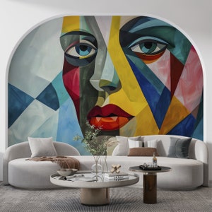 Abstract Cubism Wallpaper, Peel and Stick Abstract Face Mural, Removable Colorful Geometrical Wallpaper, Shapes Modern Art