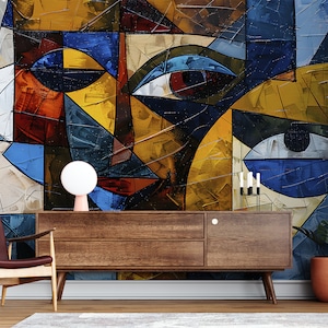 Abstract Mural in Cubism Style, Peel and Stick Colorful Modern Wallpaper, Removable Abstract Faces Wall Decal, Accent Wall Art