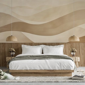 Decorazione murale ondulata Boho beige, carta da parati geometrica minimalista staccabile e incollata, decorazione murale linea, murale astratto beige con dune di sabbia