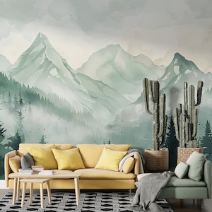 Carta da parati con morbide montagne verdi, murale con foresta selvaggia ad acquerello, decorazione autoadesiva rimovibile con paesaggio montano nebbioso verde pastello