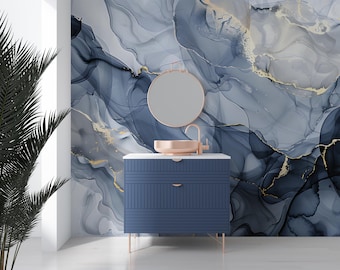Blue and Gold Alcohol Ink Wallpaper Mural: Abstract Peel and Stick