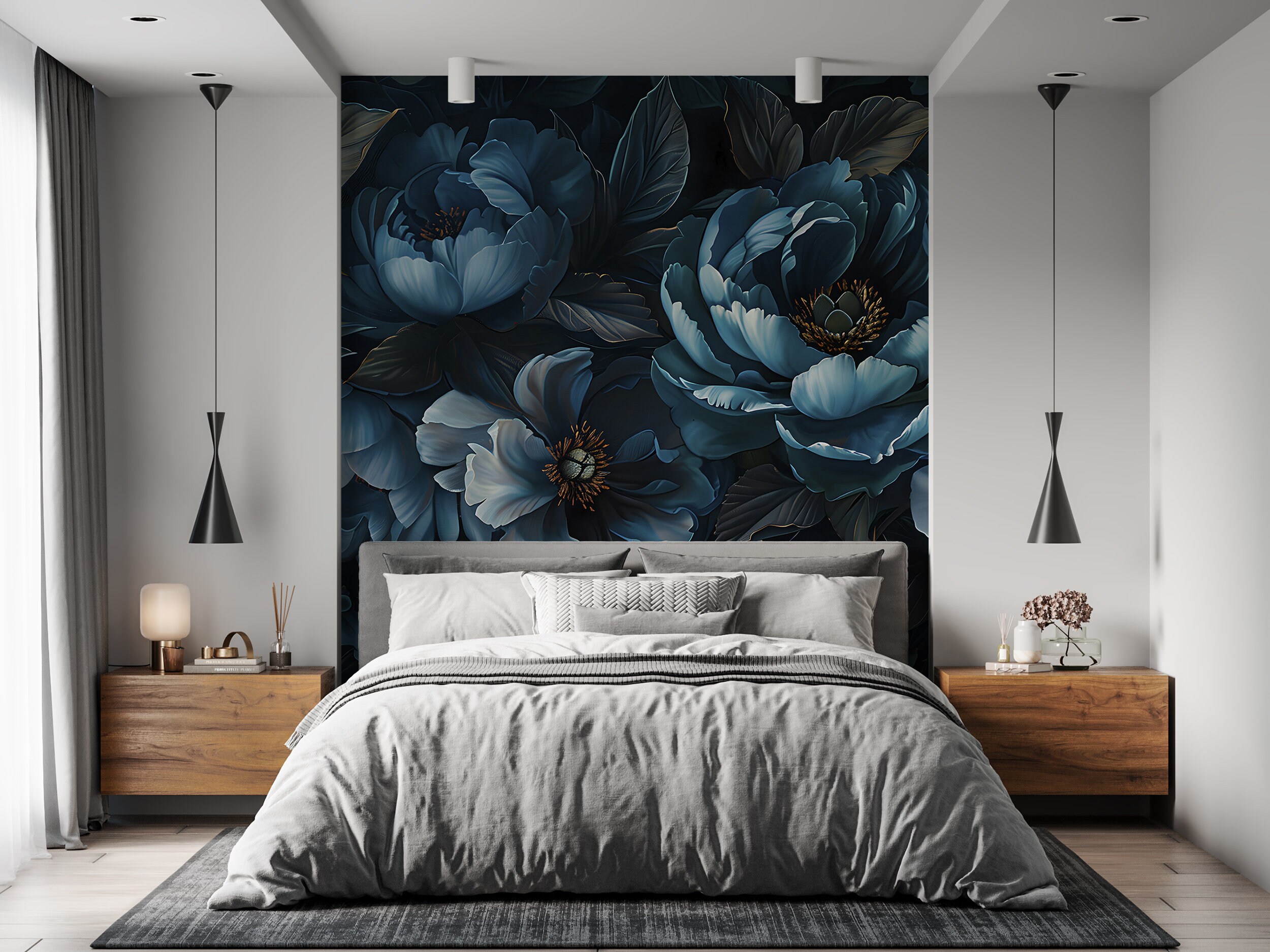 Dark Blue Peonies Mural, Peel and Stick Large Flowers Wallpaper ...