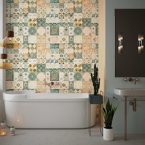 Moroccan Tile Wallpaper: Green Beige Patchwork, Peel and Stick