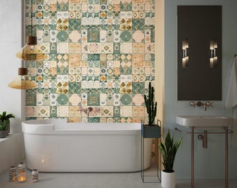 Moroccan Tile Wallpaper: Green Beige Patchwork, Peel and Stick