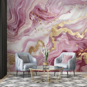 Pink and Gold Alcohol Ink Mural, Peel and Stick Abstract Wallpaper, Removable Modern Marble Texture Wall Decor, Unique Accent Wallpaper