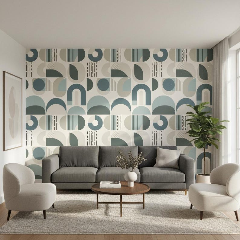 Scandinavian Geometric Wallpaper: Soft Blue and Taupe Arches image 10