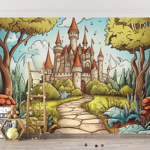 Mural de dibujos animados coloridos con un castillo en el bosque, papel tapiz de ensueño para guardería, extraíble, autoadhesivo