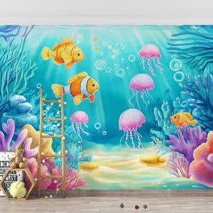 Carta da parati murale colorata con vita sottomarina, carta da parati in evidenza per la cameretta dei bambini, carta da parati con pesci e coralli sull'oceano