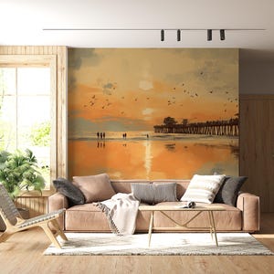 Florida Sunset Pier Wall Mural: Coastal Beach Wallpaper, Ocean Reflections