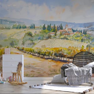 Watercolor Italian Vineyard Mural: Peel and Stick Wallpaper