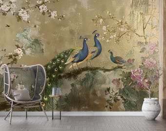 Chinoiserie Peacock Wallpaper Mural: Vintage Floral Peel and Stick