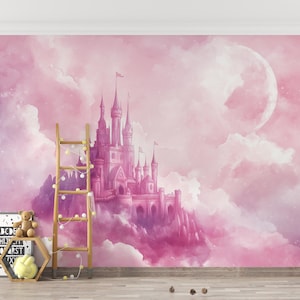 Pink Castle Mural: Watercolor Princess Room Decor, Peel and Stick Wallpaper