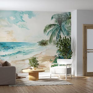 Murale costiero, carta da parati Paradise Beach acquerello staccabile e attaccabile, decorazione da parete da sogno con oceano e palme