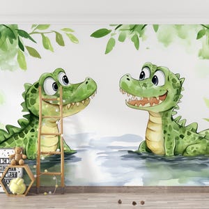 Mural de pared con bonitos cocodrilos, papel tapiz de dibujos animados con diseño de cocodrilos en el río, arte de acuarela para guardería