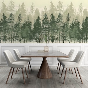 Pine Tree Forest Wallpaper, Green and Beige Removable Mural, Seamless Forest Pattern Wallpaper, Classic Forest Decor, Vintage Nature Mural