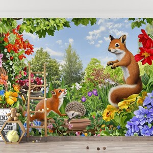 Mural de estilo de dibujos animados con vida en el bosque, colorido, papel tapiz de animales del bosque para guardería, despegable y adhesivo