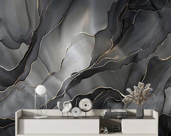 Black Alcohol Ink Wallpaper Mural: Abstract Peel and Stick Wall Art
