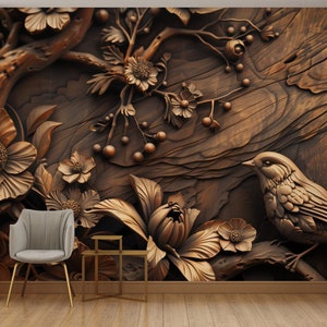 Decorazione murale in stile intaglio del legno, carta da parati con effetto legno staccabile e incollabile, arte da parete cineserie marrone scuro, decorazioni rimovibili con uccelli e fiori