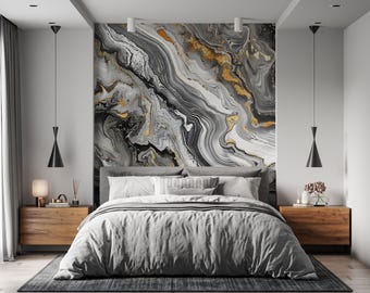 Black Grey Gold Marble Wallpaper Mural: Abstract Alcohol Ink Decor