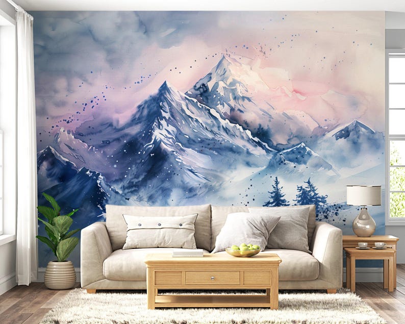 Snowy Mountain Wall Mural: Watercolor Winter Landscape Peel and Stick ...
