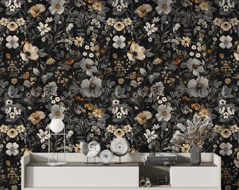 Floral Peel and Stick Wallpaper: Grey Beige Botanical Wall Decal