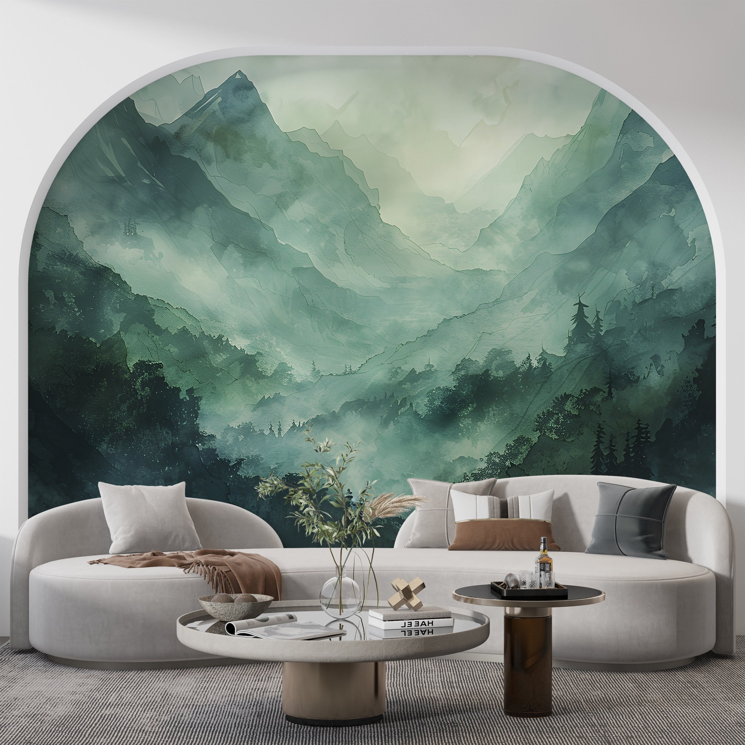 Watercolor Green Mountains Mural, Abstract Mountain Landscape Wallpaper, Peel and Stick Foggy Forest Art, Emerald Color Wild Nature Decor