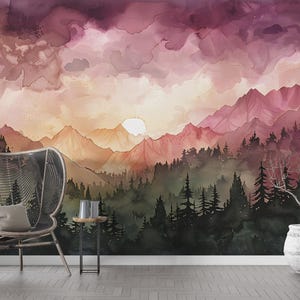 Watercolor Mountain Sunset Mural: Pink Orange Forest Landscape Wallpaper