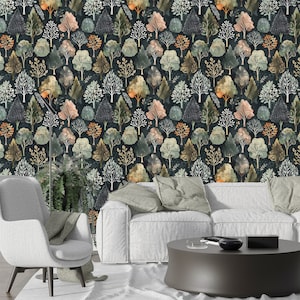 Pine Trees Wallpaper, Peel and Stick Tree Pattern Wallpaper, Removable Dark Green Botanical Wall Decor, Forest Wallpaper