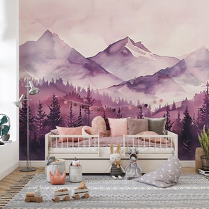 Murale rosa tenue di montagne e foreste, carta da parati con paesaggi di montagne ad acquerello staccabile e incollata, decorazione rimovibile in formato personalizzato per la cameretta dei bambini