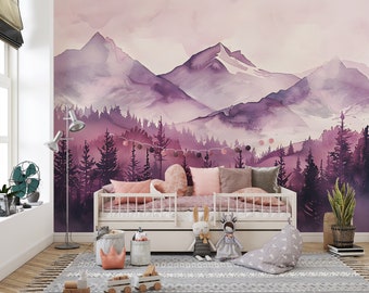 Soft Pink Mountains and Forest Mural, Peel and Stick Watercolor Mountains Landscape Wallpaper, Nursery Removable Custom Size Decor